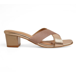 Rose-Gold Shimmer Criss-Cross Block Sandals