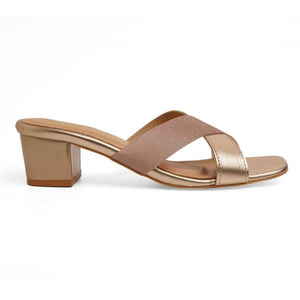 Rose-Gold Shimmer Criss-Cross Block Sandals