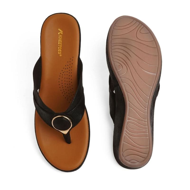 Black Solid Wedge Thong Sandals
