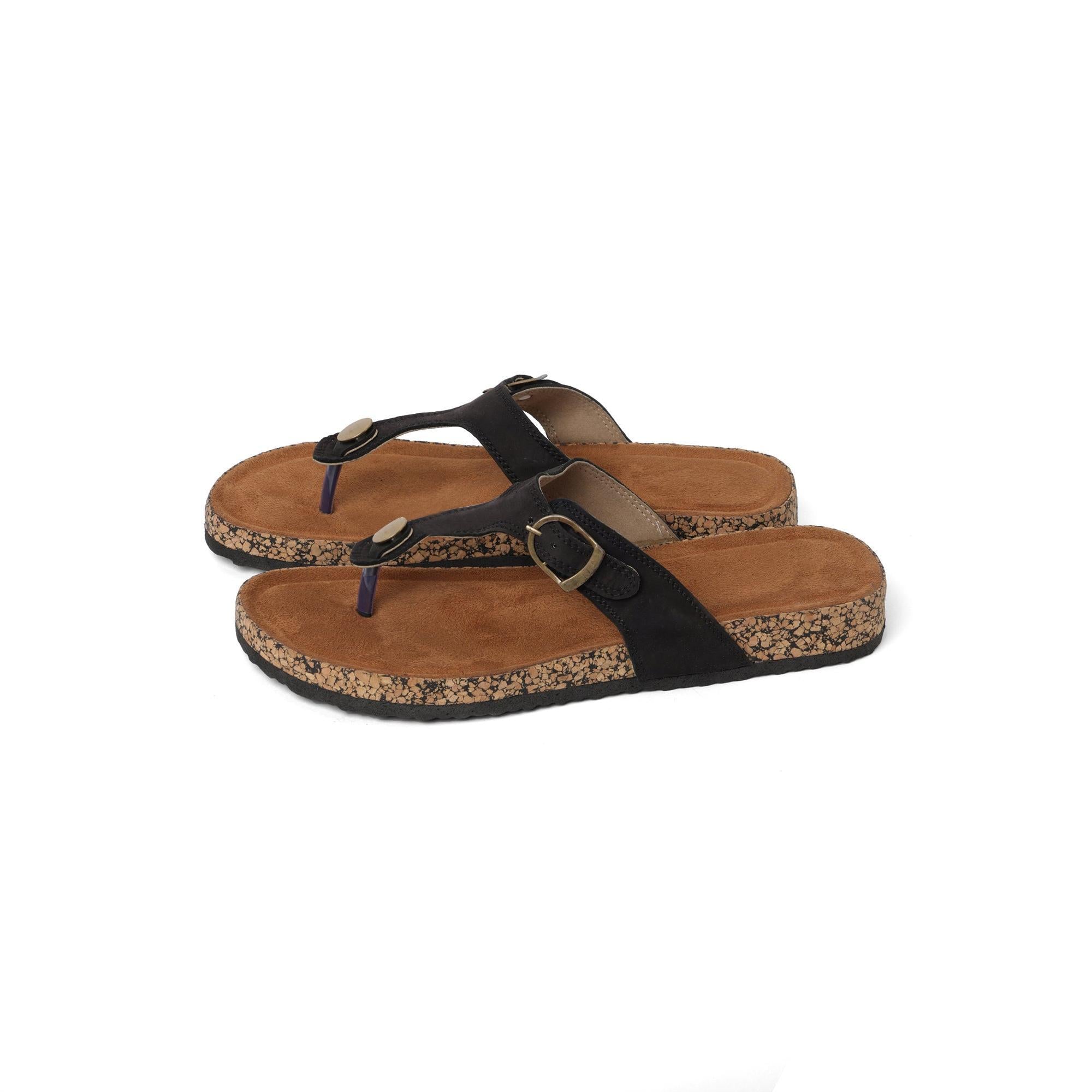 Jet Black Leather Buckled Thong Sandals