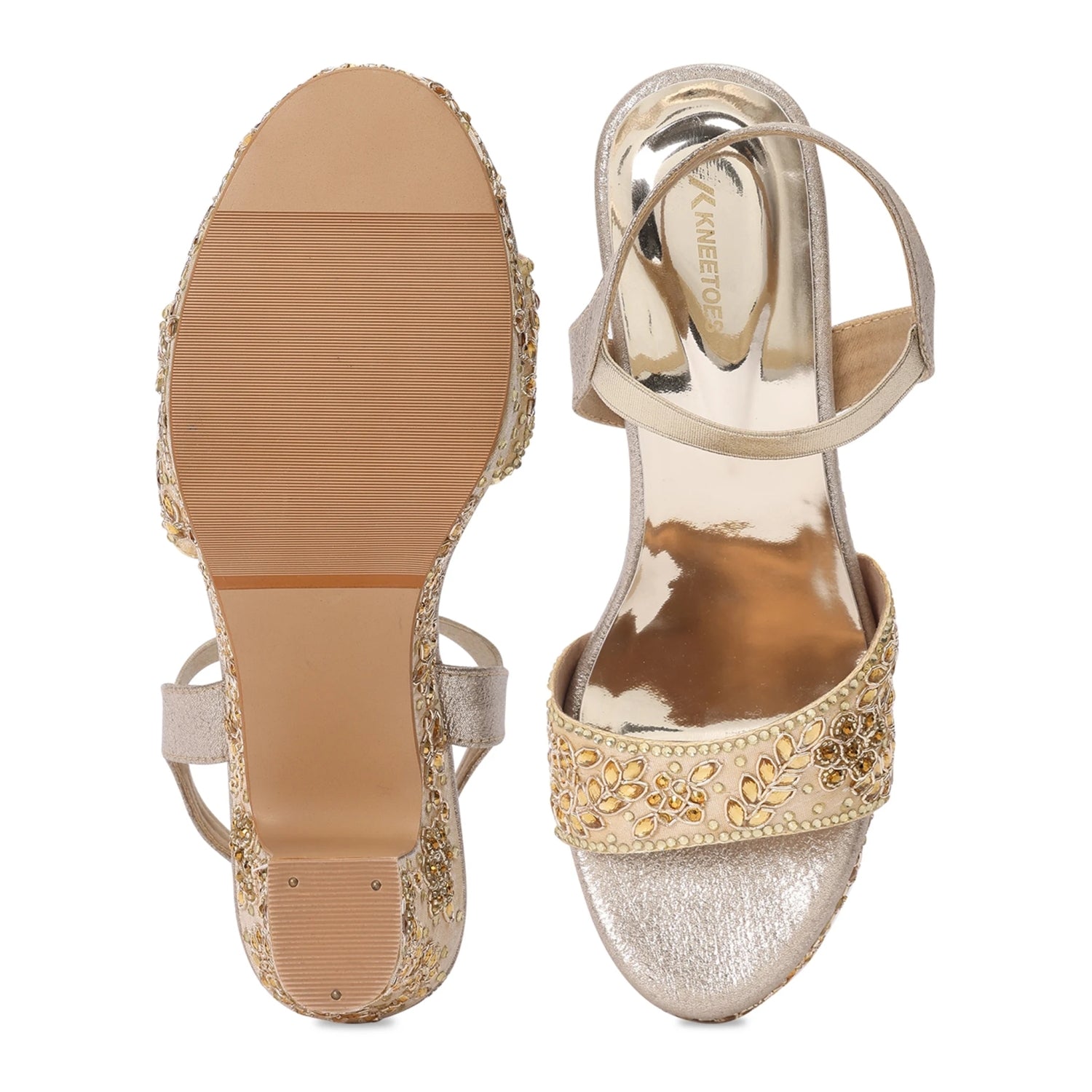 Premium Embellished Gold Block Heel Sandals