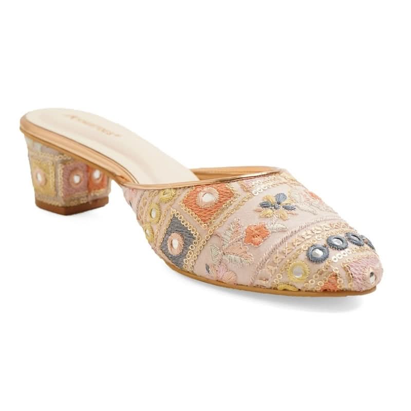 Fusion Embroidered Light-Pink Block Heel Mules