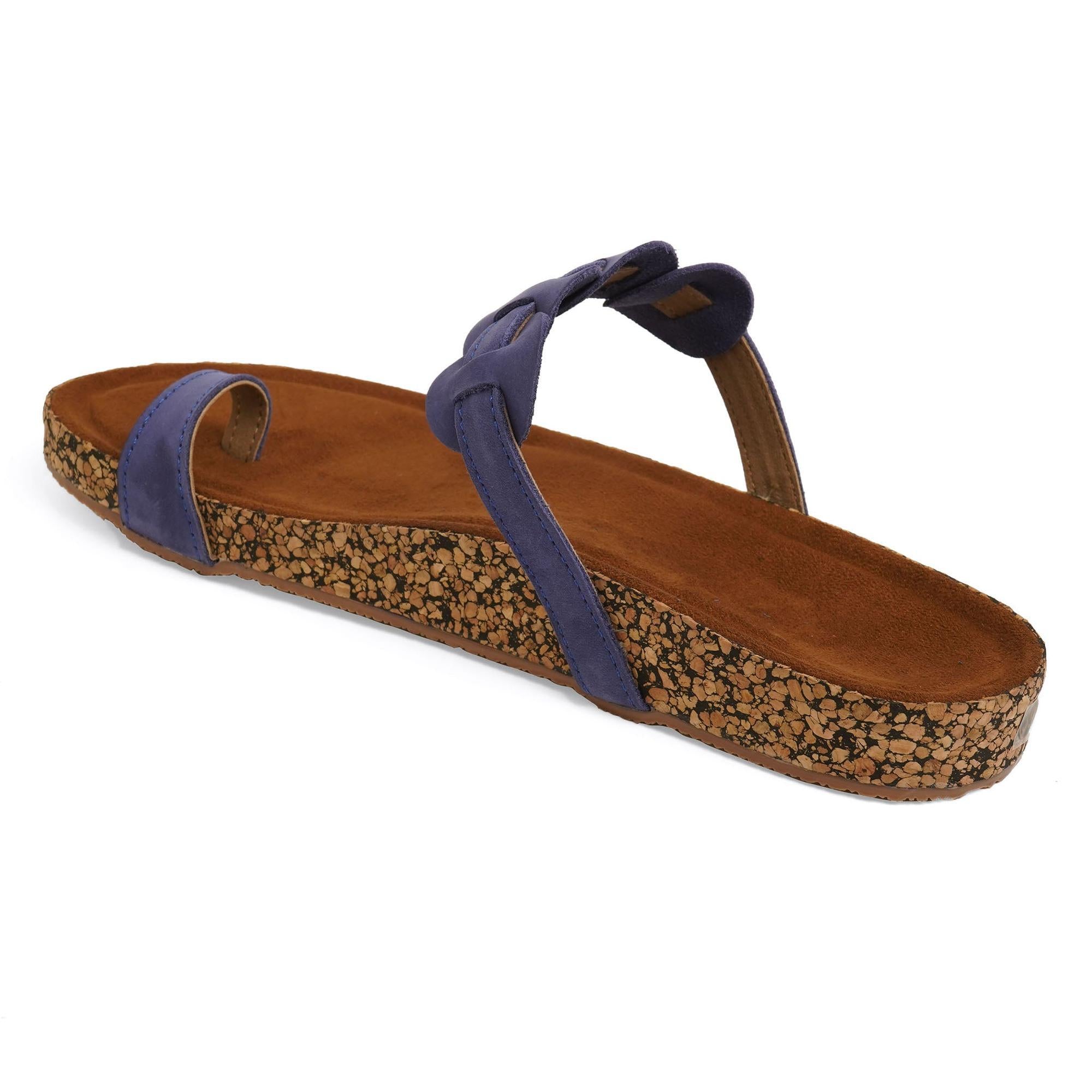 Leather Staple Blue One-Toe Casual Flat Sandals