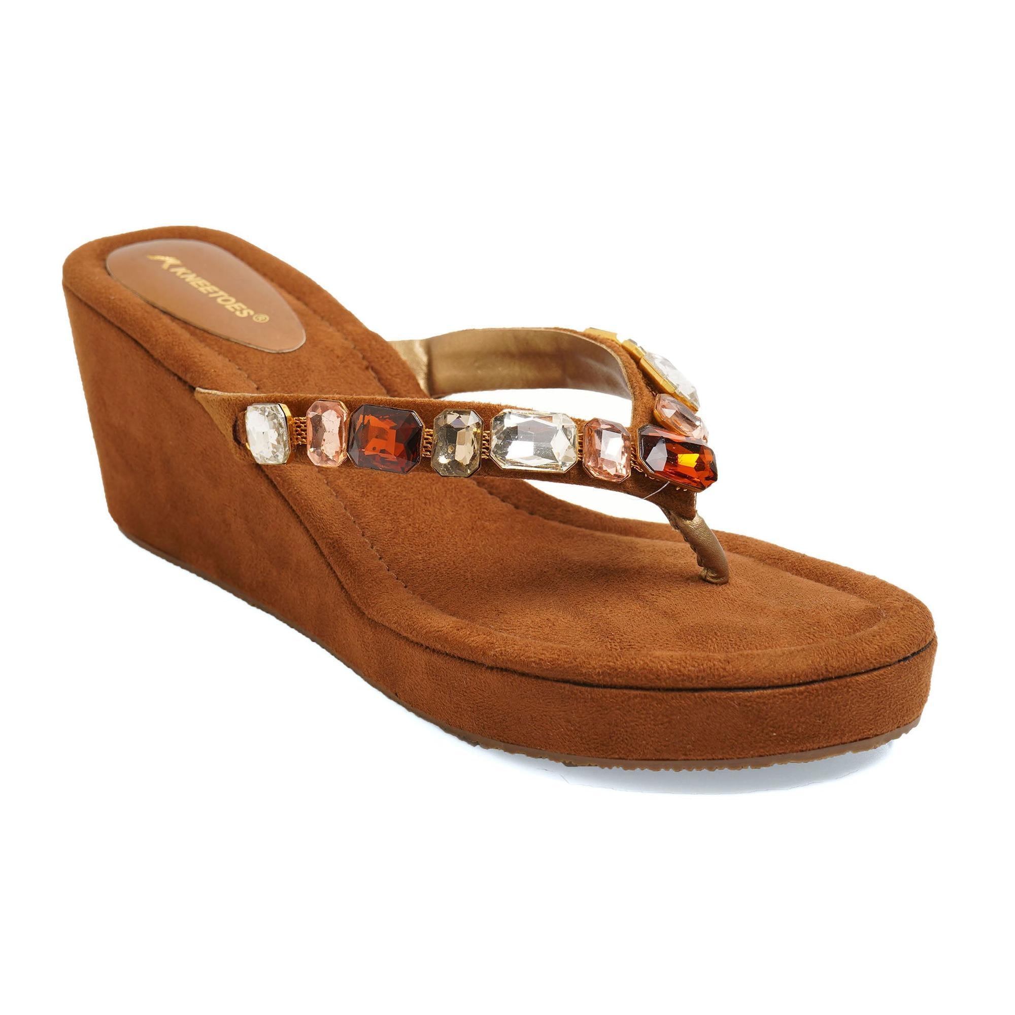 Gem-Studded Brown Wedge Party Sandals