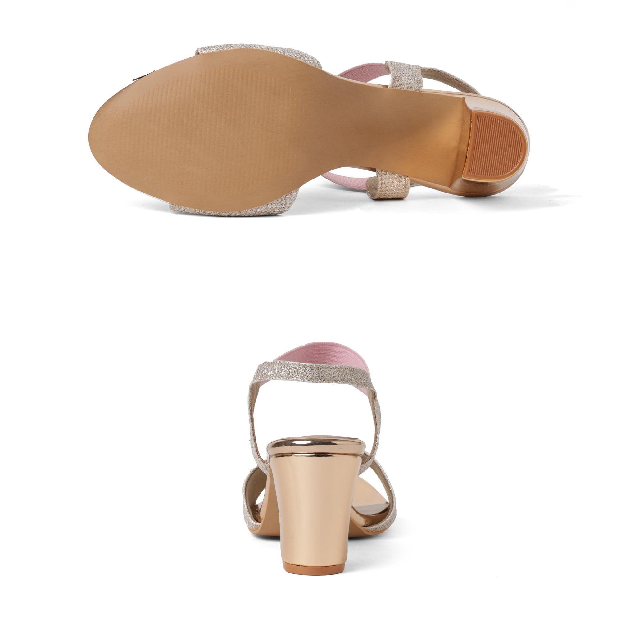 Shimmering Rose Gold Block Heel Sandals