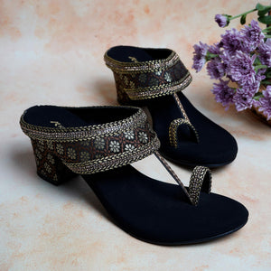 Elegant Black Ethnic-Motif Block Heels