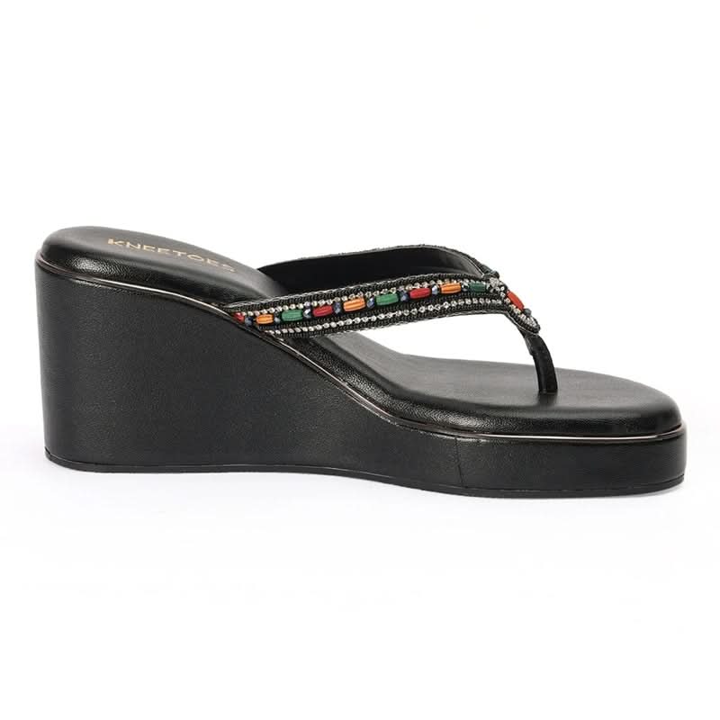 Embellished Premium Black Wedge Thong Sandals