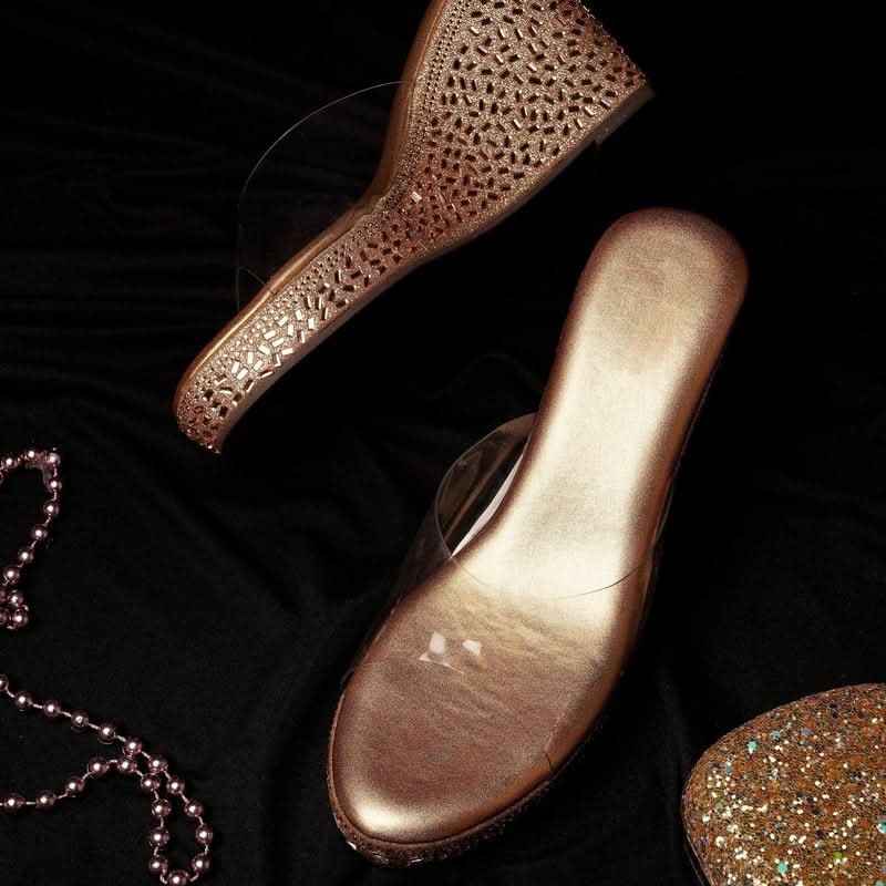 Luxe Shine Studded Champagne Wedge Heels