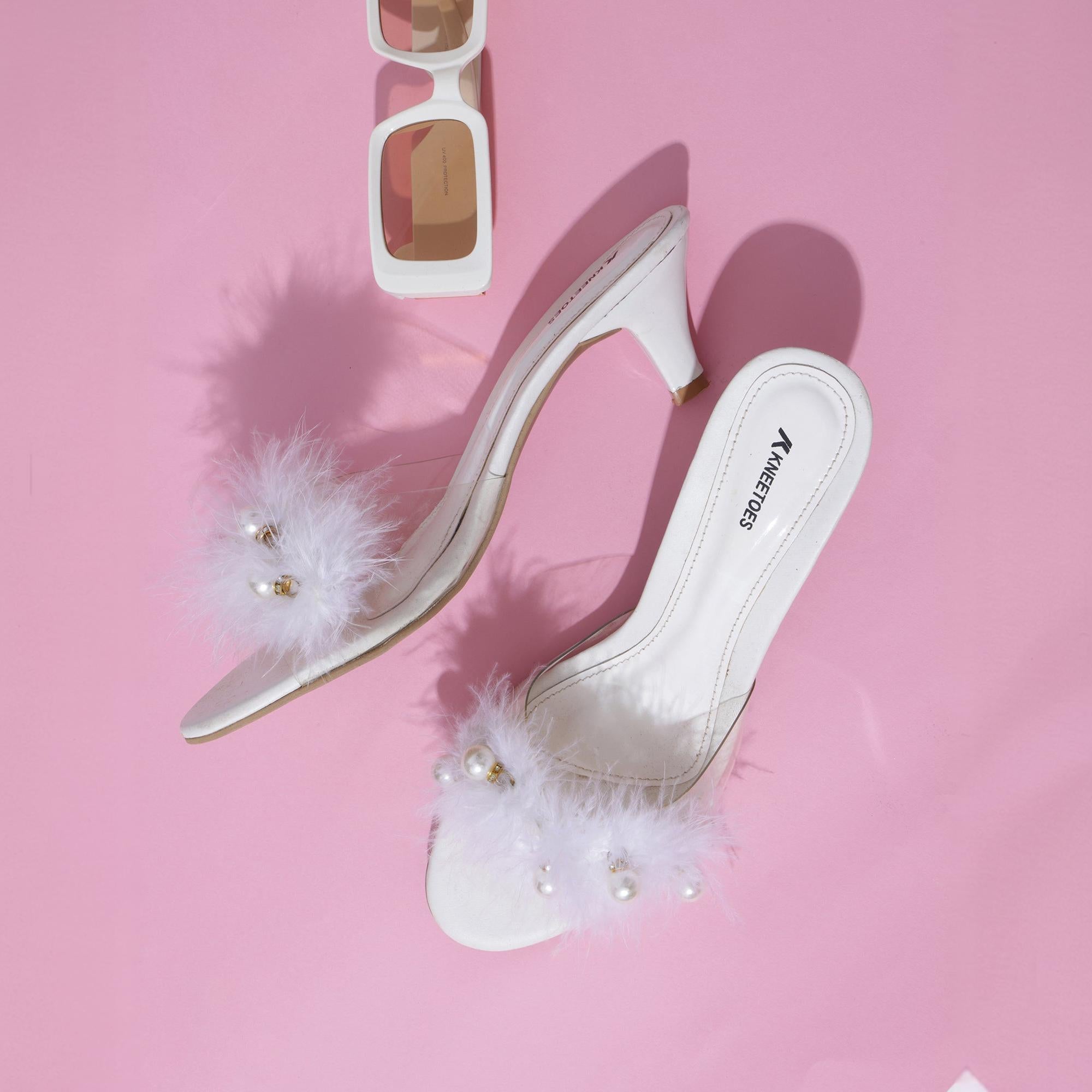 White Soft Fur pearl Kitten Heels
