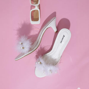 White Soft Fur pearl Kitten Heels