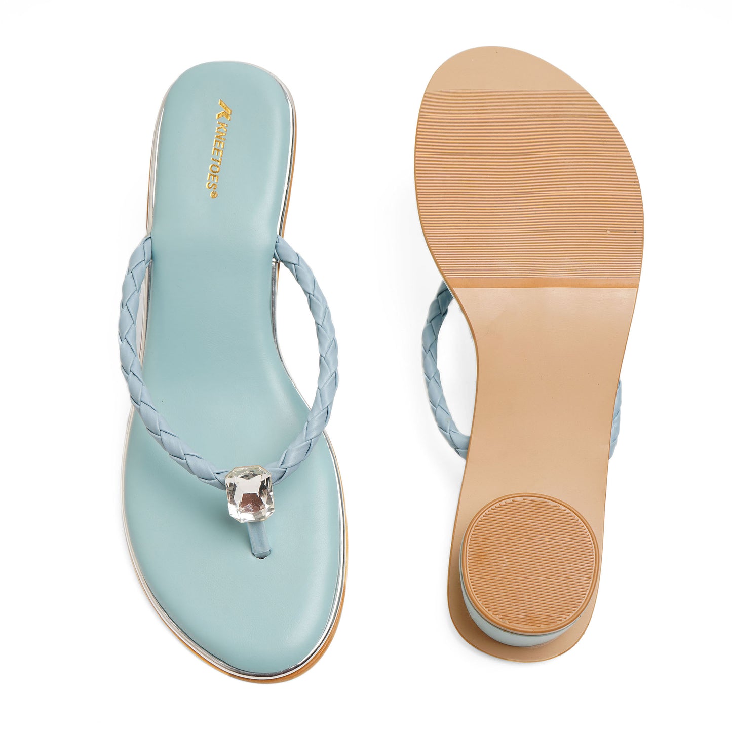 Chic Stone Embellished Blue Round Heel Slippers For Everyday Casuals