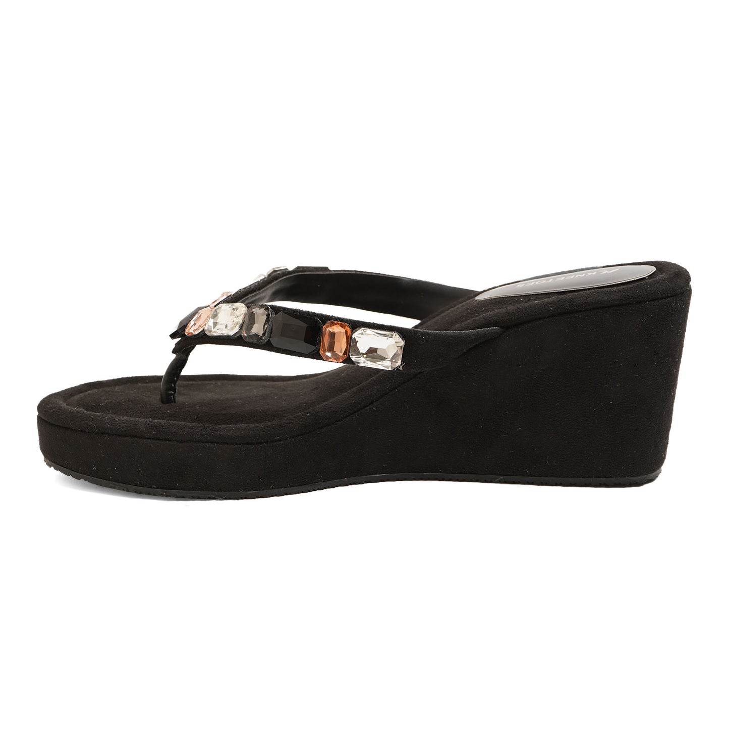 Elegant Stone Embelished Black Platform Heel Slippers For Office Comfort