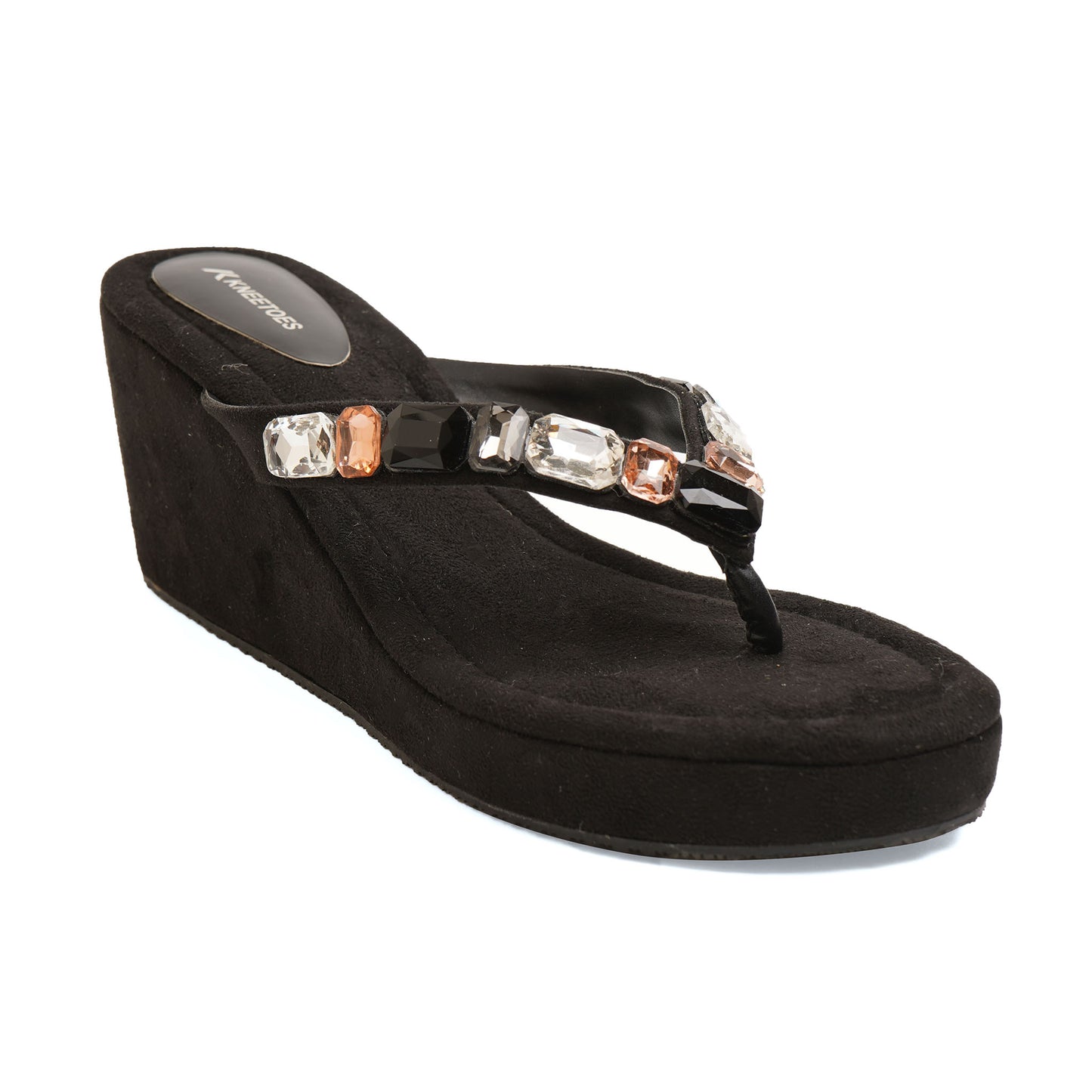 Elegant Stone Embelished Black Platform Heel Slippers For Office Comfort