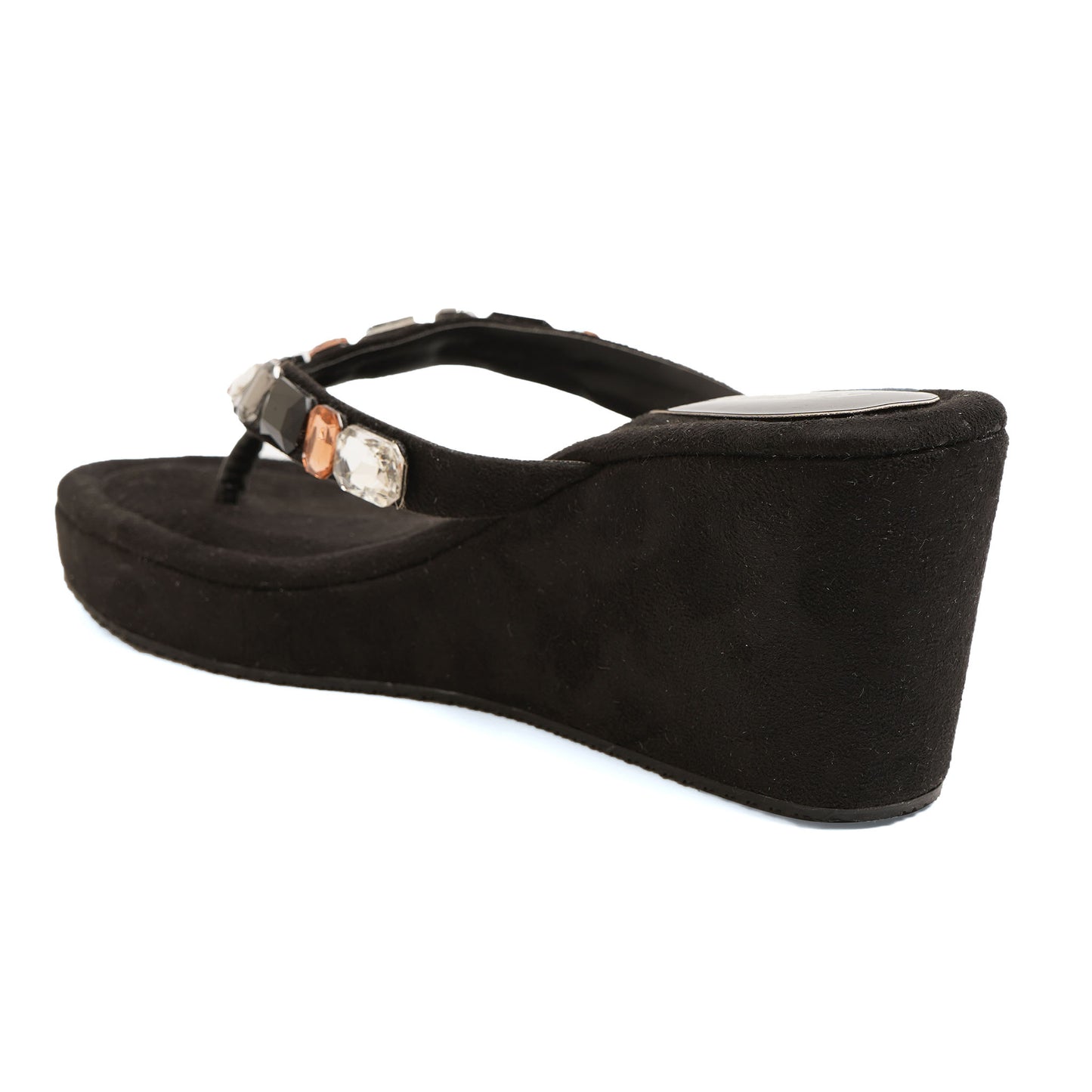 Elegant Stone Embelished Black Platform Heel Slippers For Office Comfort