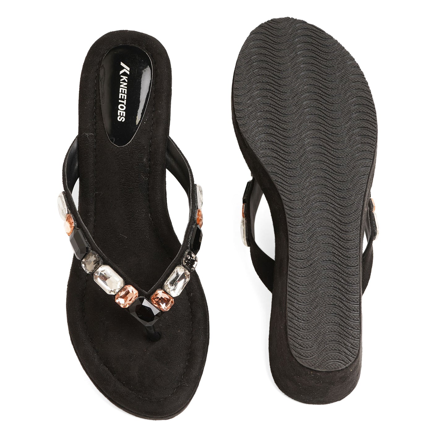 Elegant Stone Embelished Black Platform Heel Slippers For Office Comfort