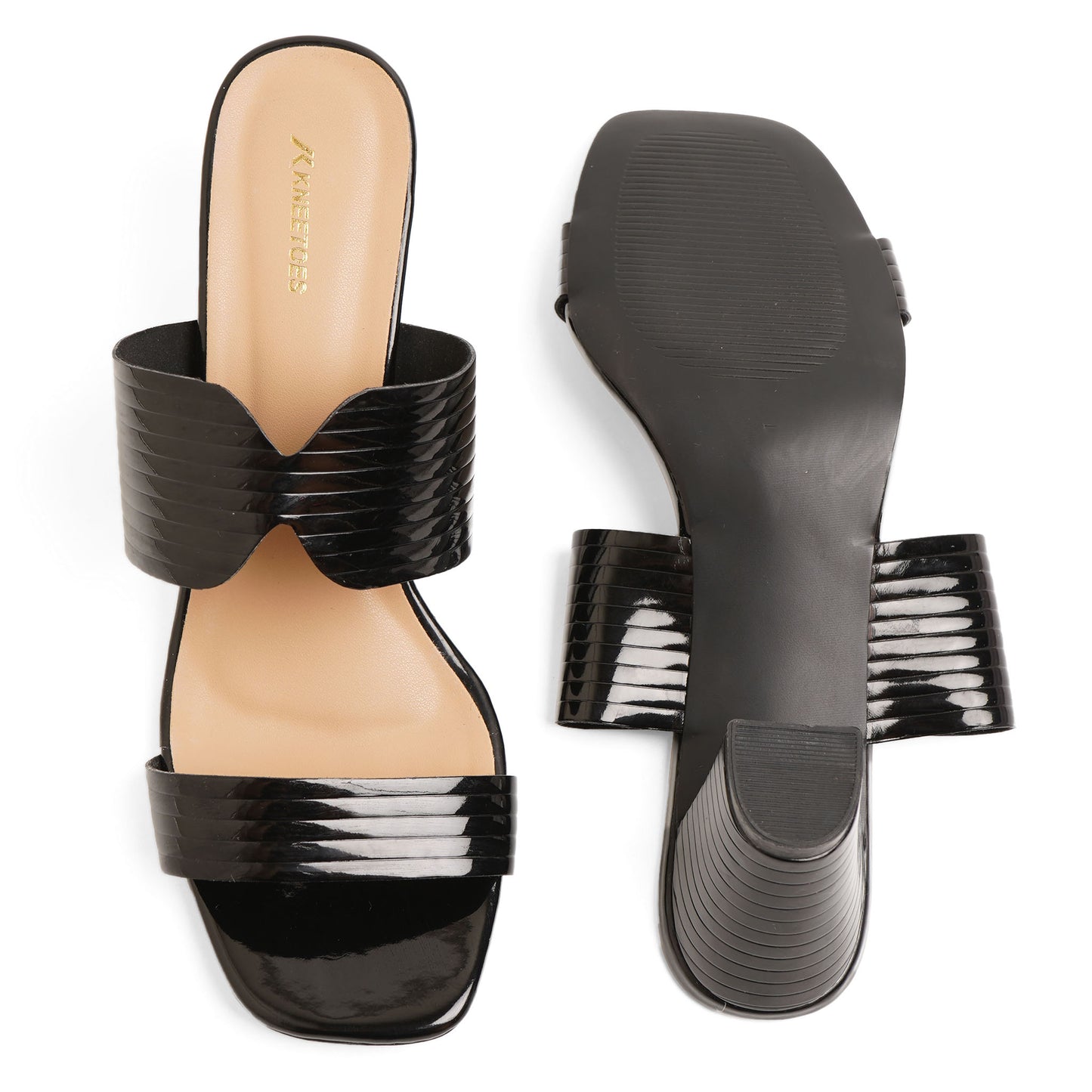 Stylish Glossy Black Block Heel Sandals For Everyday Casuals