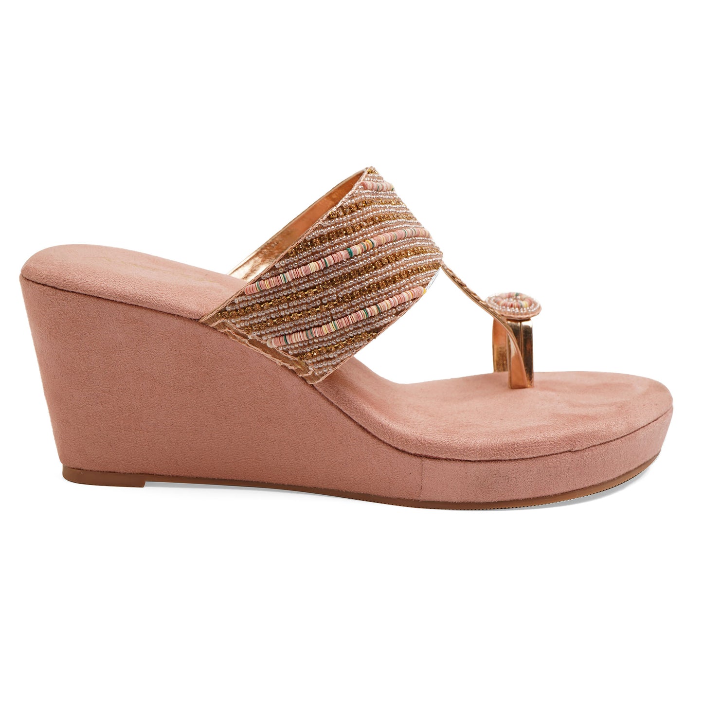 Sophisticated Zari Peach Wedge Heel Slippers For Party Wear