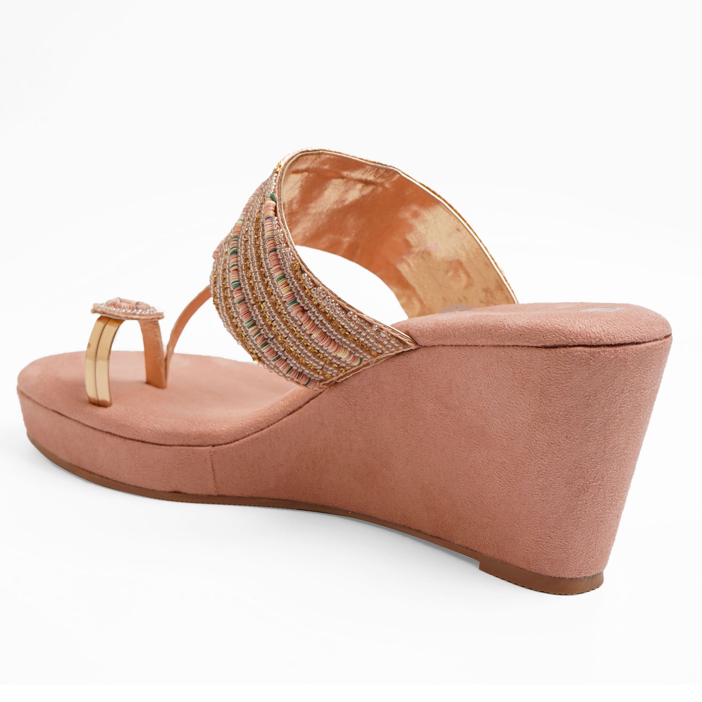 Sophisticated Zari Peach Wedge Heel Slippers For Party Wear