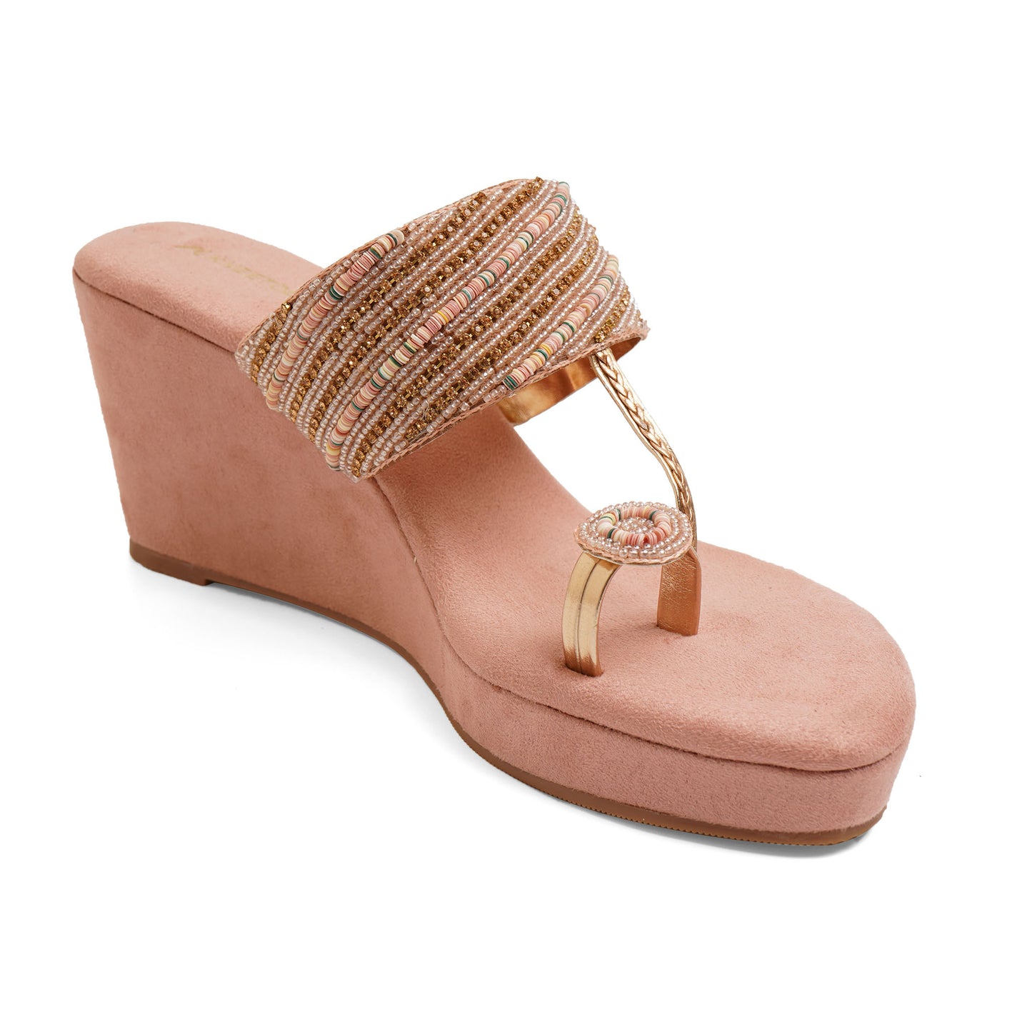 Sophisticated Zari Peach Wedge Heel Slippers For Party Wear