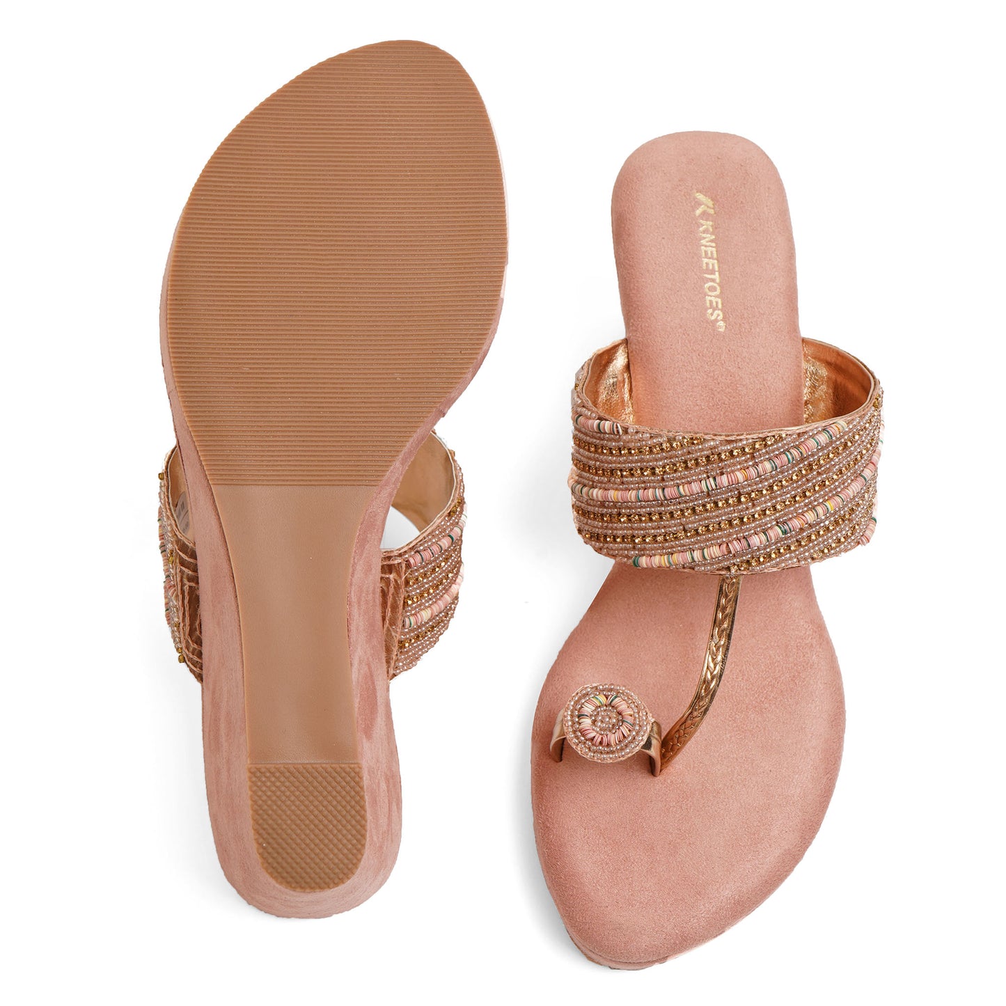 Sophisticated Zari Peach Wedge Heel Slippers For Party Wear