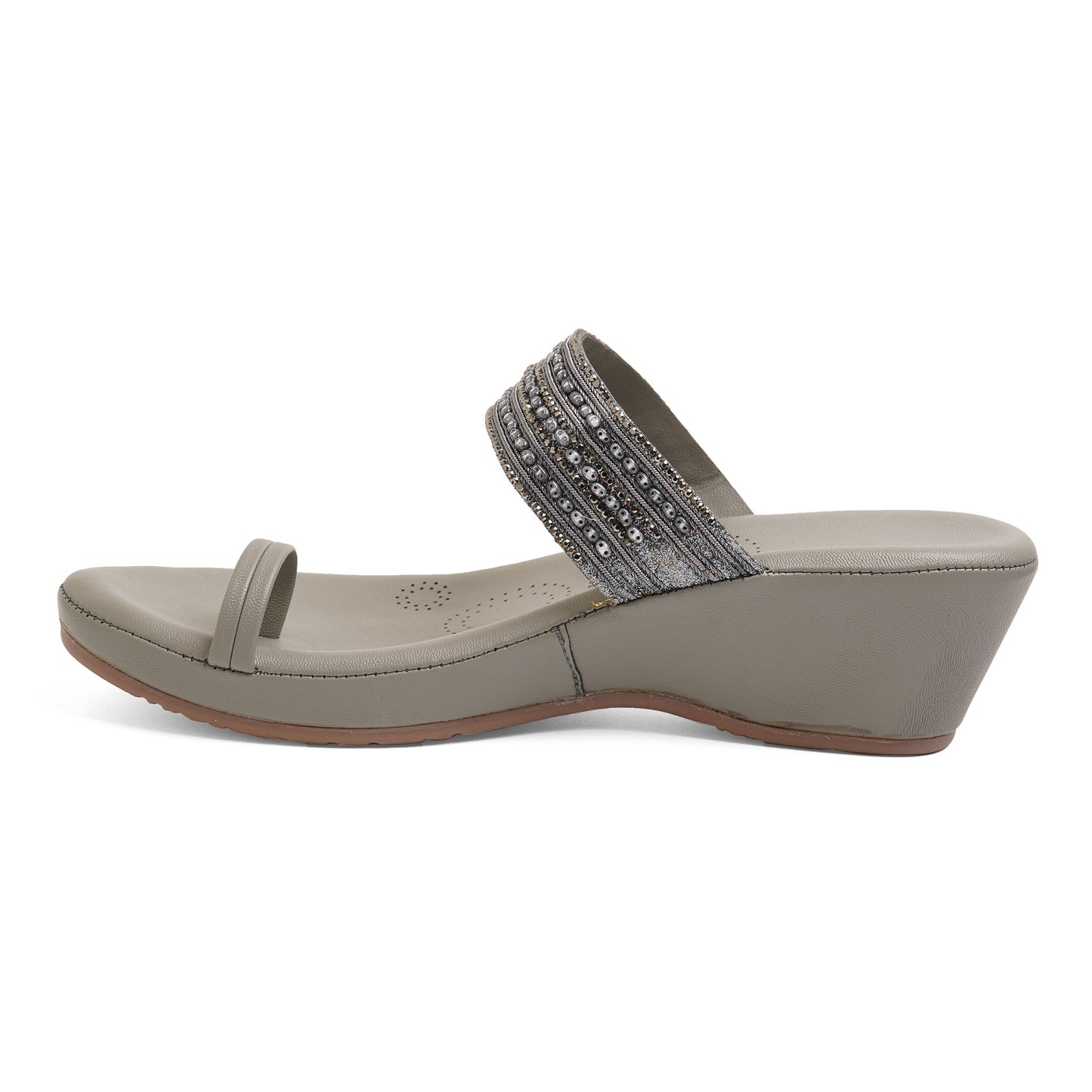 Snazzy Zari Grey Wedge Heel Sliders For Party Wear