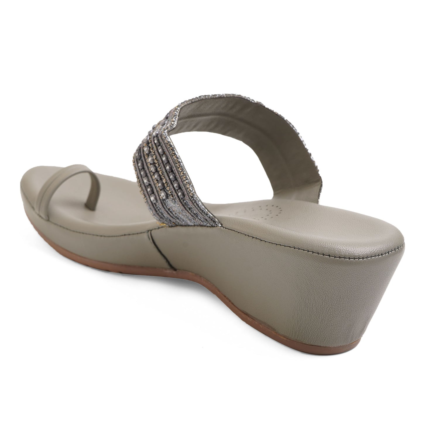 Snazzy Zari Grey Wedge Heel Sliders For Party Wear