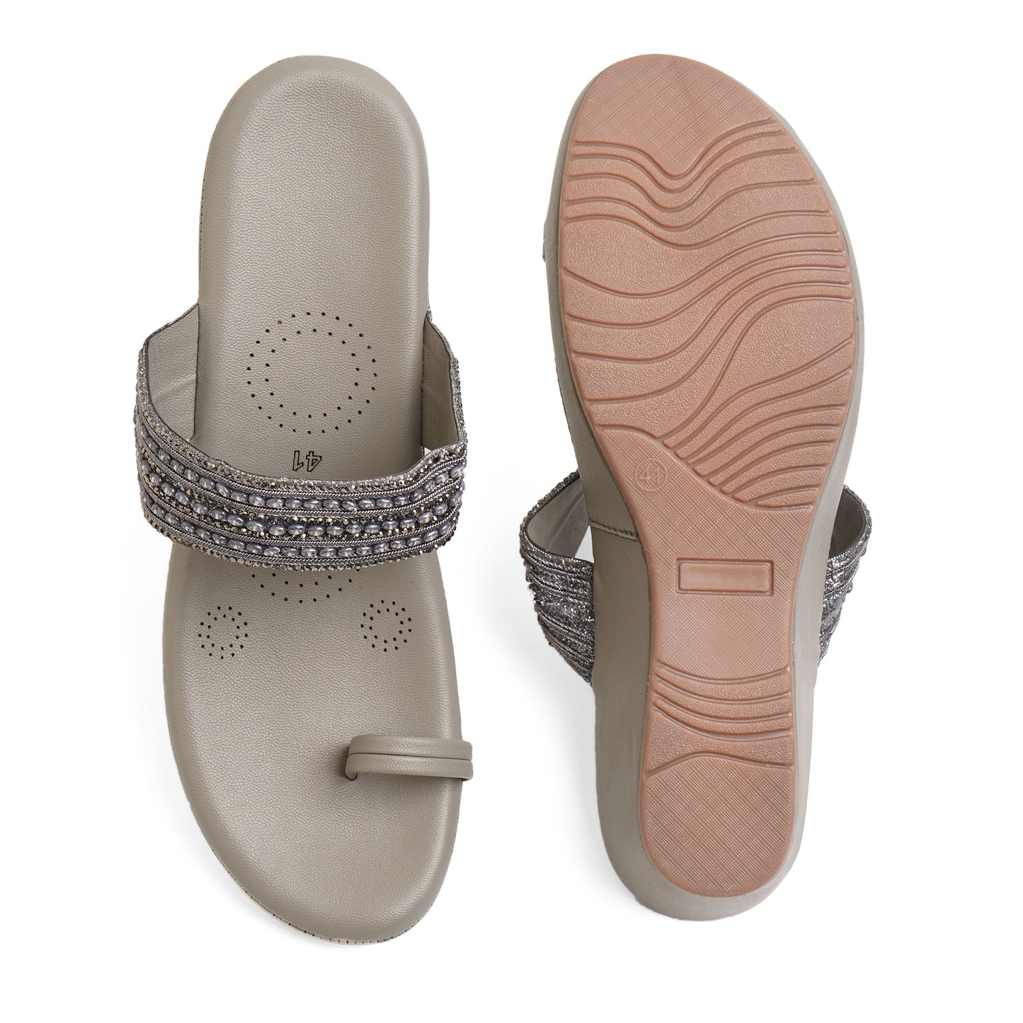 Snazzy Zari Grey Wedge Heel Sliders For Party Wear