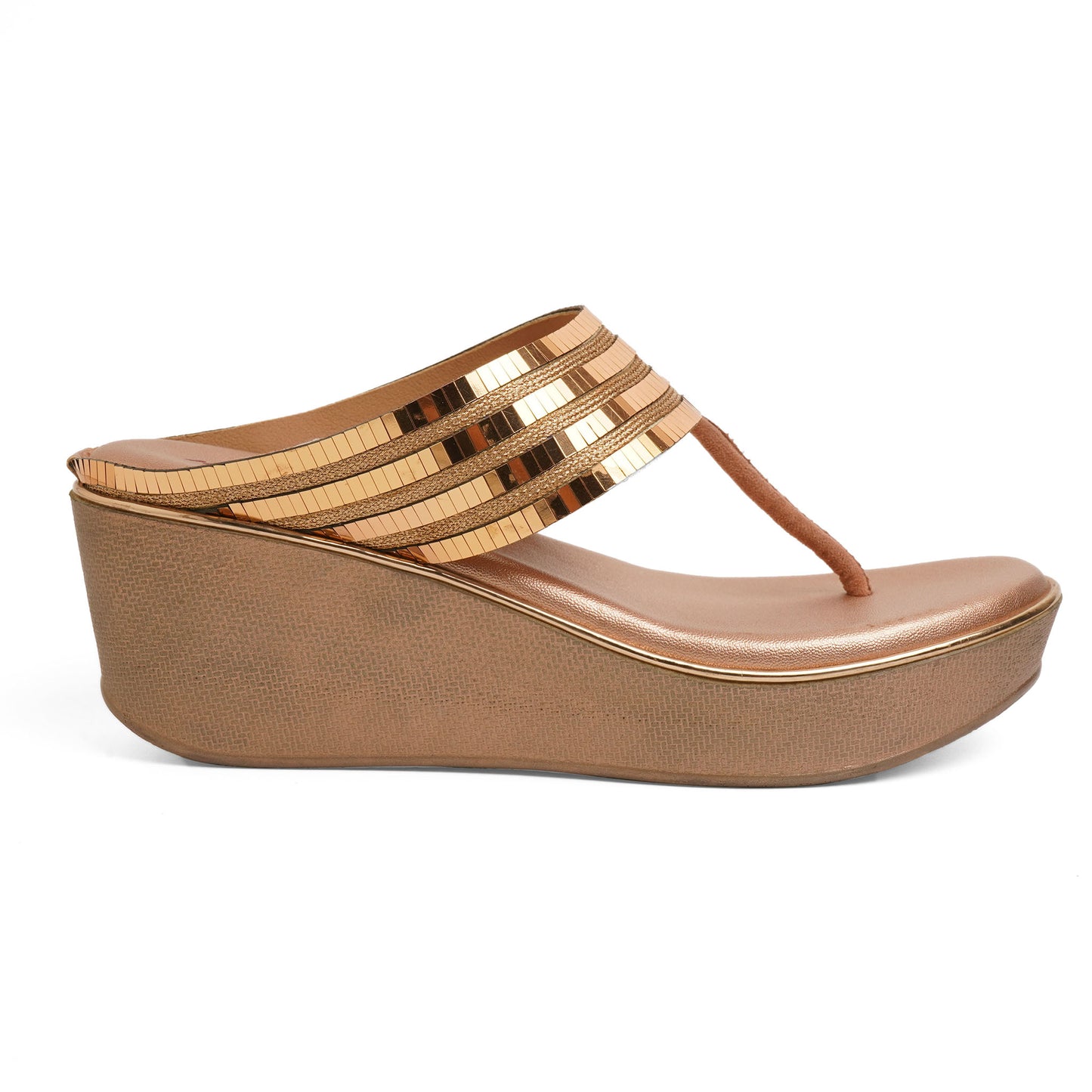 Sophisticated Shimmery Gold Wedge Heel Slippers For Party Wear