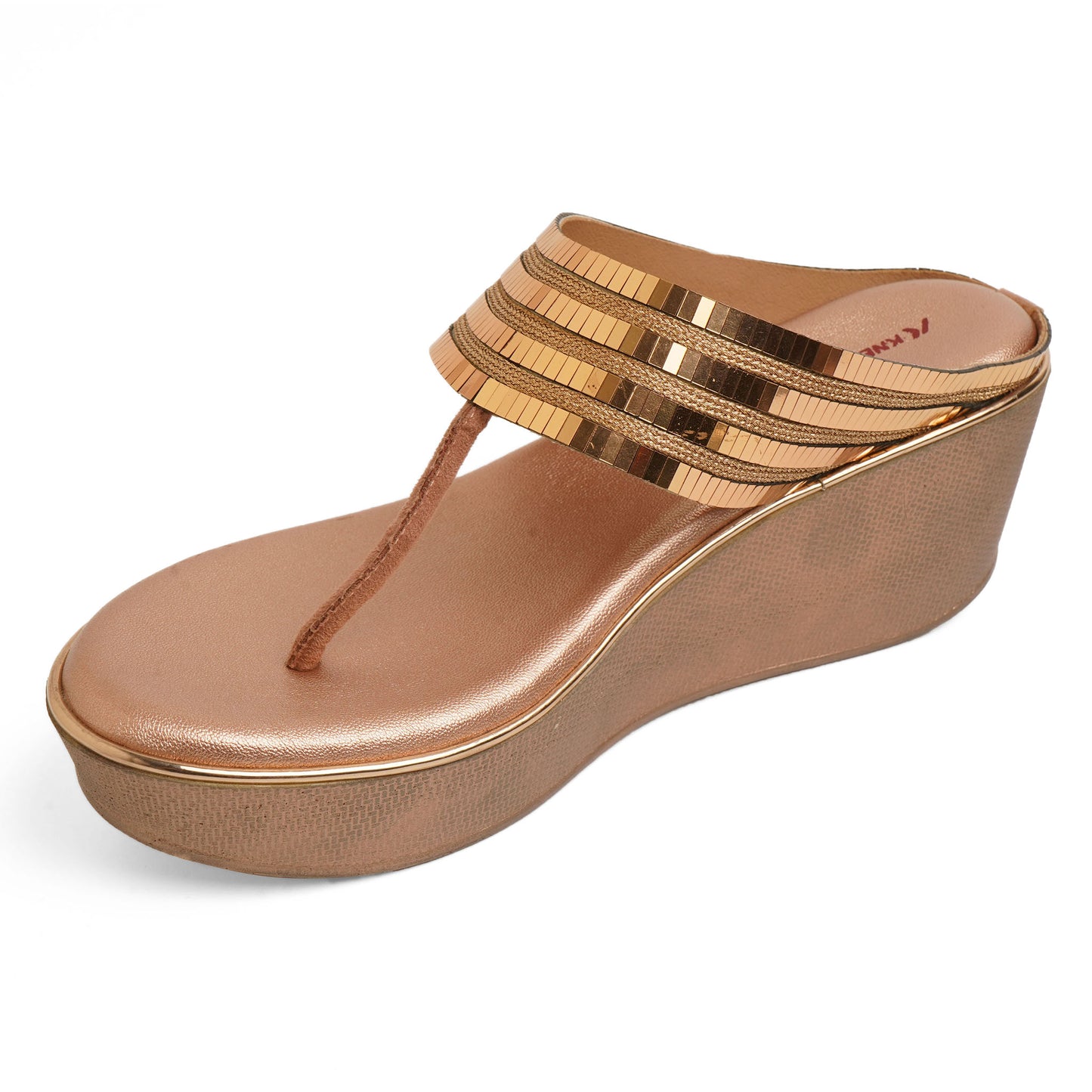 Sophisticated Shimmery Gold Wedge Heel Slippers For Party Wear