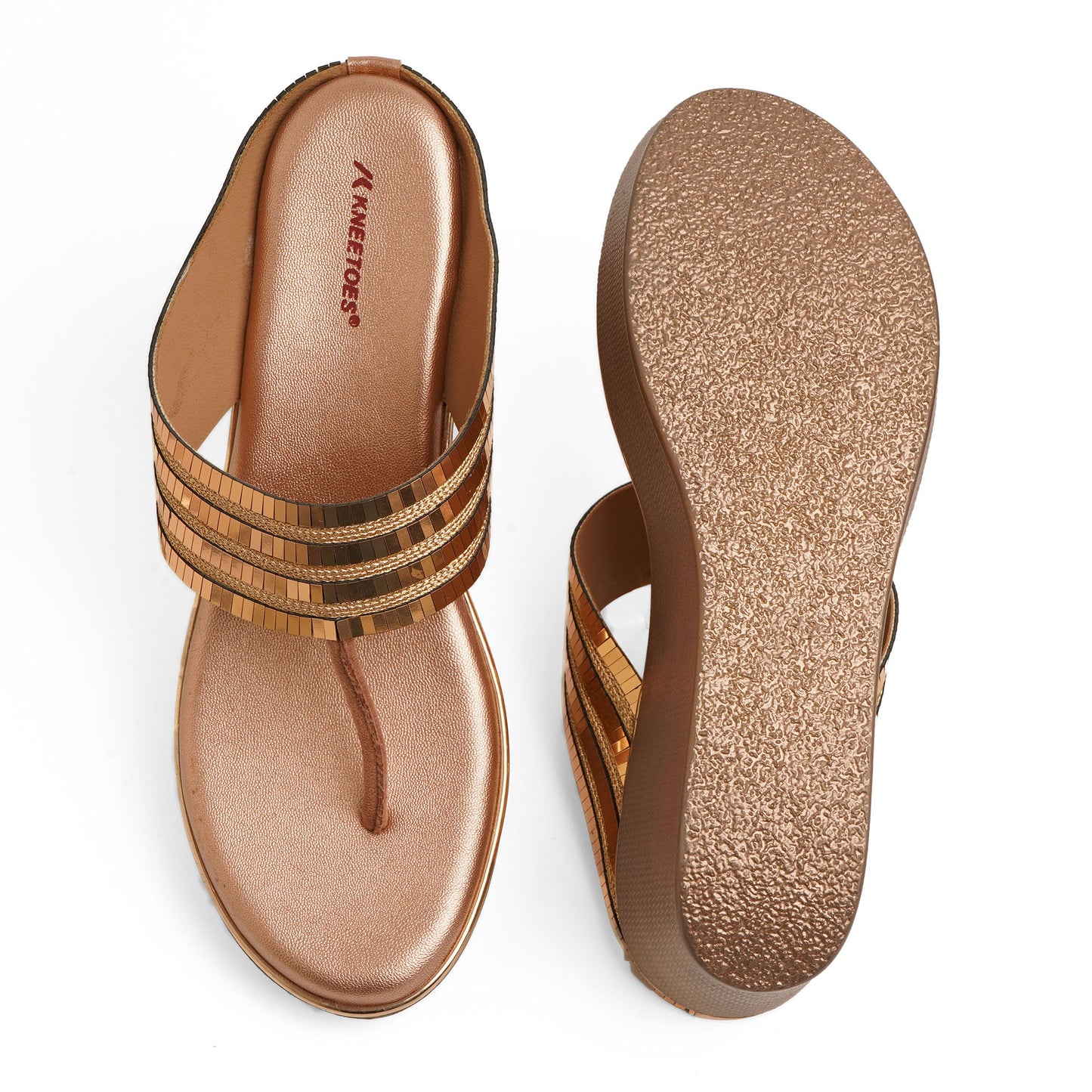 Sophisticated Shimmery Gold Wedge Heel Slippers For Party Wear