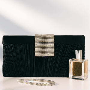 Black Pleated Clutch with Rhinestone Flap