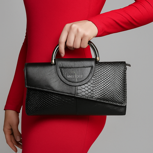 Black Textured Handbag with Metal Handle