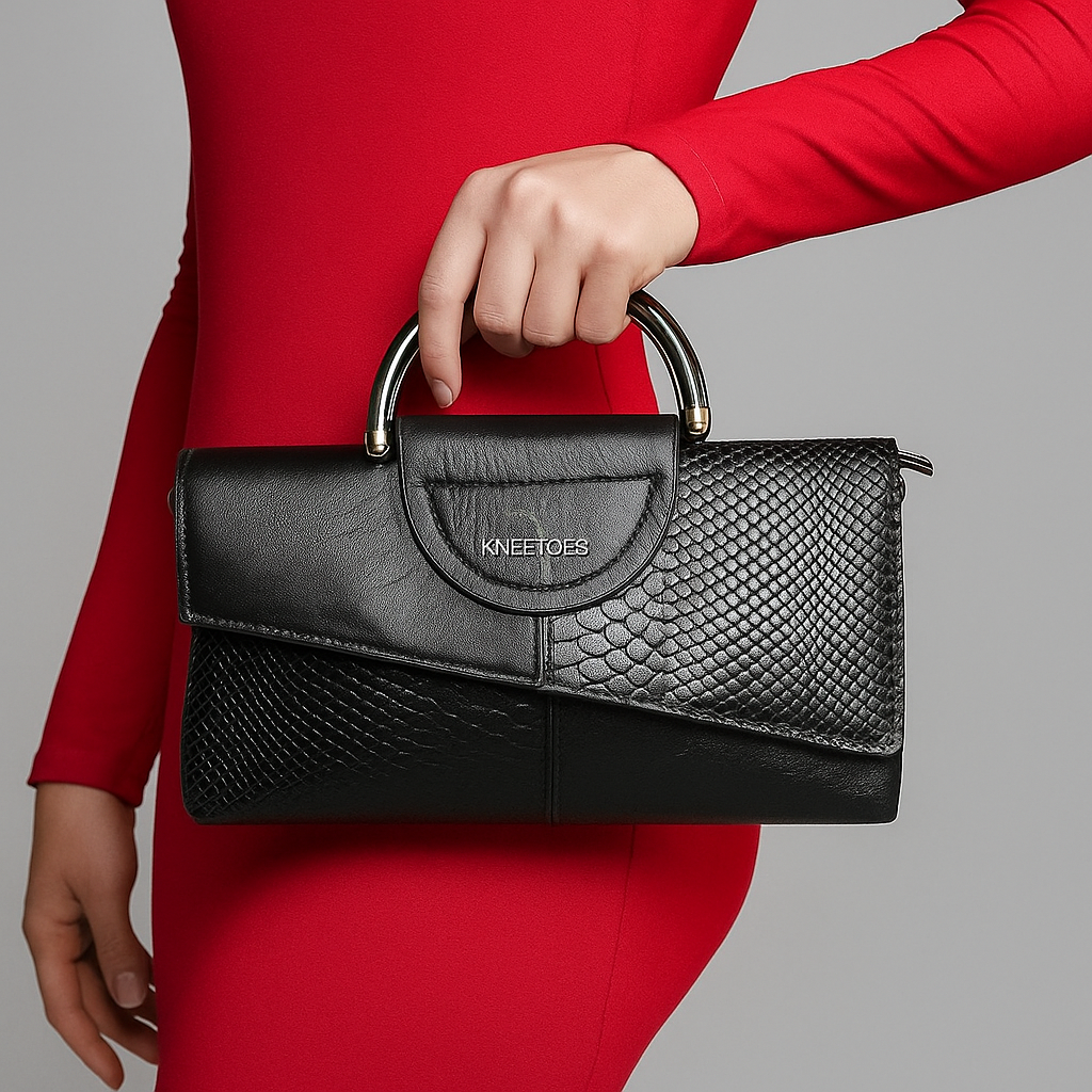 Black Textured Handbag with Metal Handle