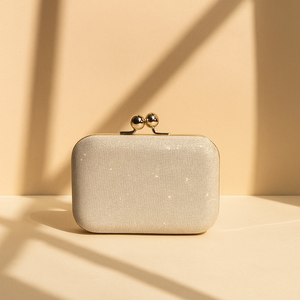 Off-White Shimmer Box Clutch with Metal Knob Closure