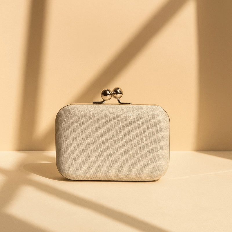 Off-White Shimmer Box Clutch with Metal Knob Closure