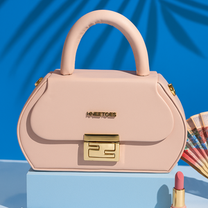 Pink Structured Handbag with Gold Lock Detail