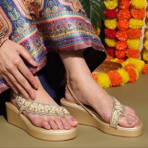 Embellished Gold Open-Toe Wedge Sandals