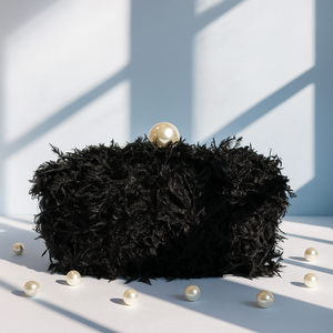 Black Feather Clutch with Pearl Detailing