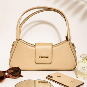 Beige Structured Shoulder Bag with Flap Closure