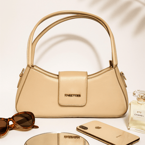 Beige Structured Shoulder Bag with Flap Closure