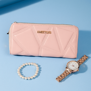 Light Pink Quilted Wallet with Geometric Stitch Design