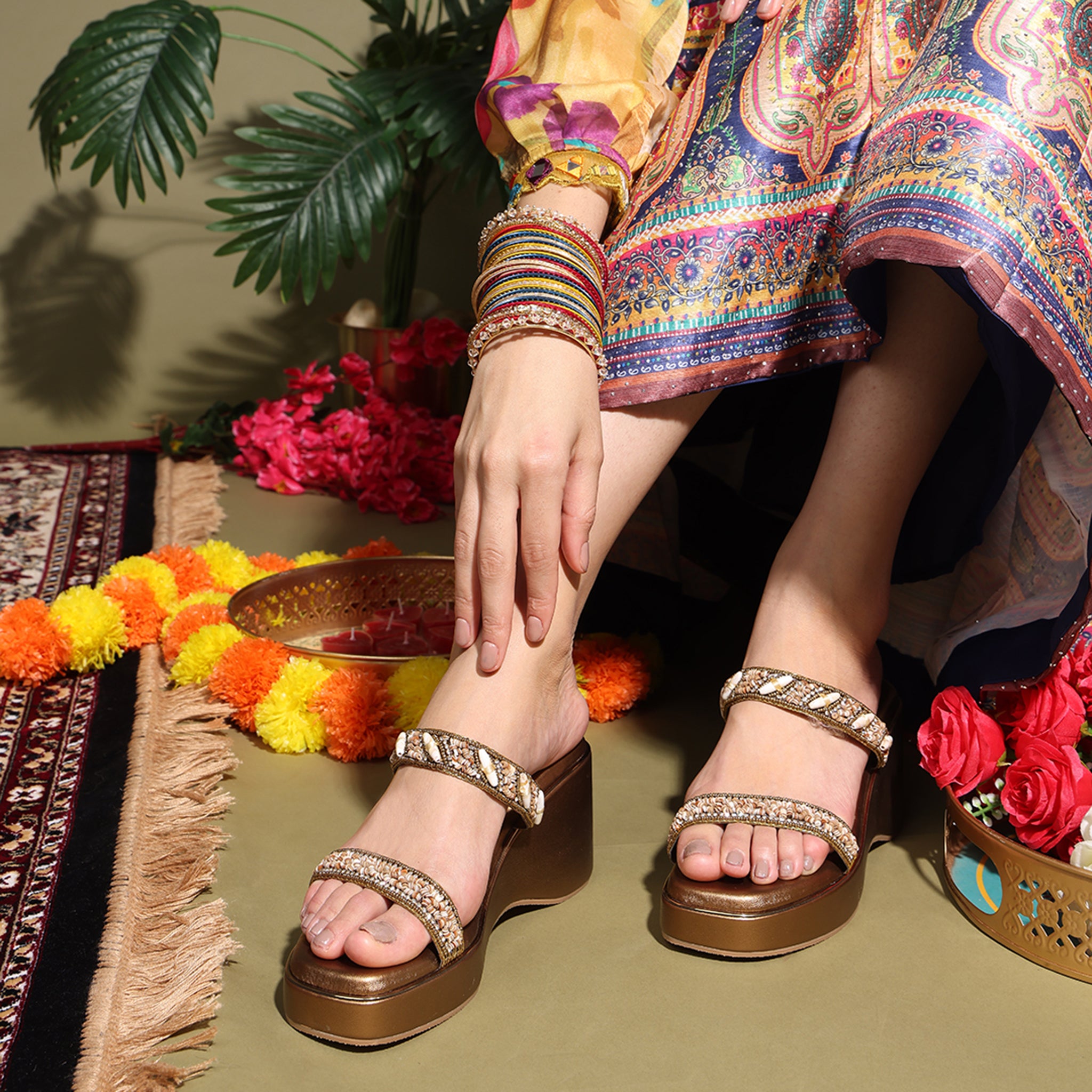 Embellished Bronze Open-Toe Sandals With Wedge Heel