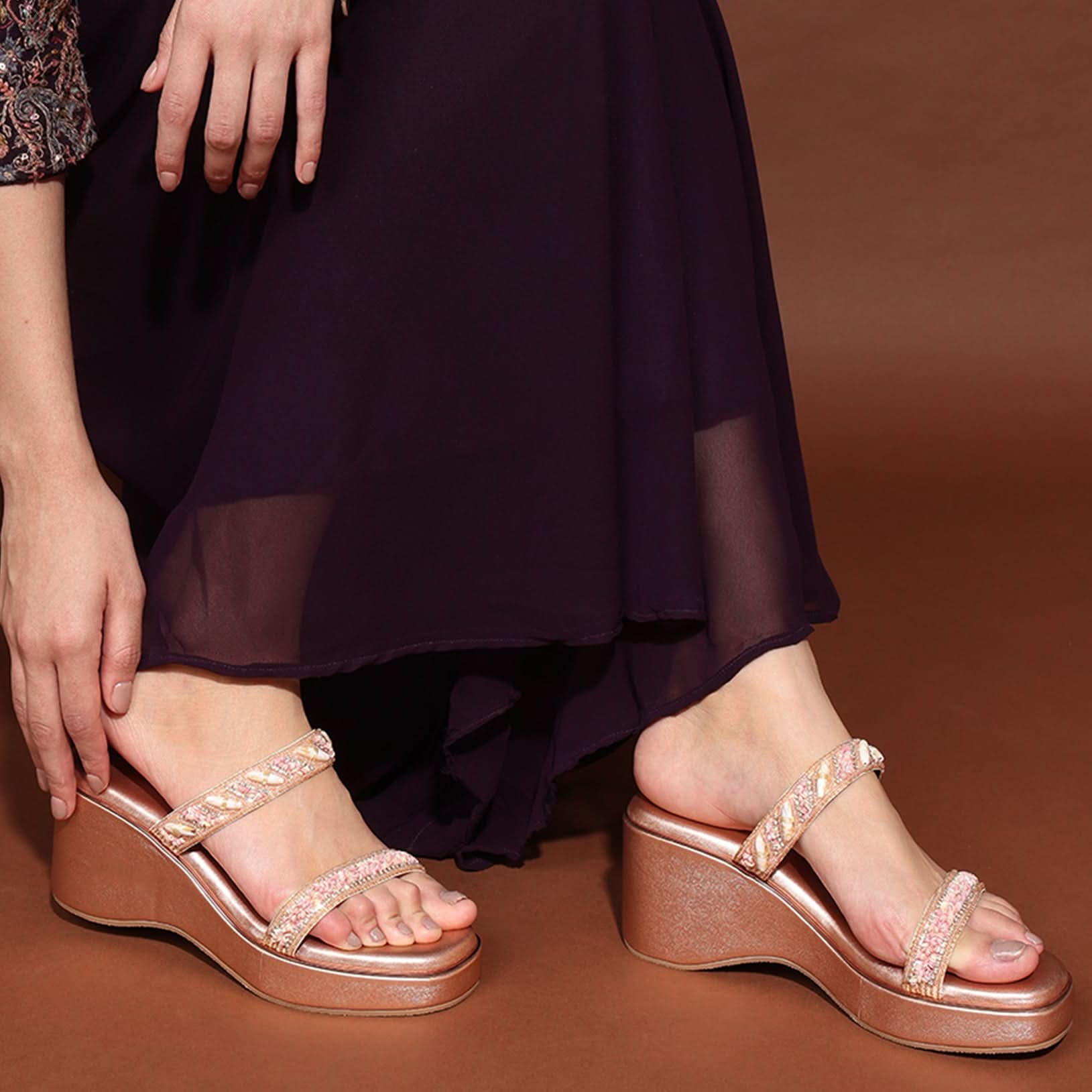 Rose-Gold Open-Toe Embellished Sandals With Wedge Heel