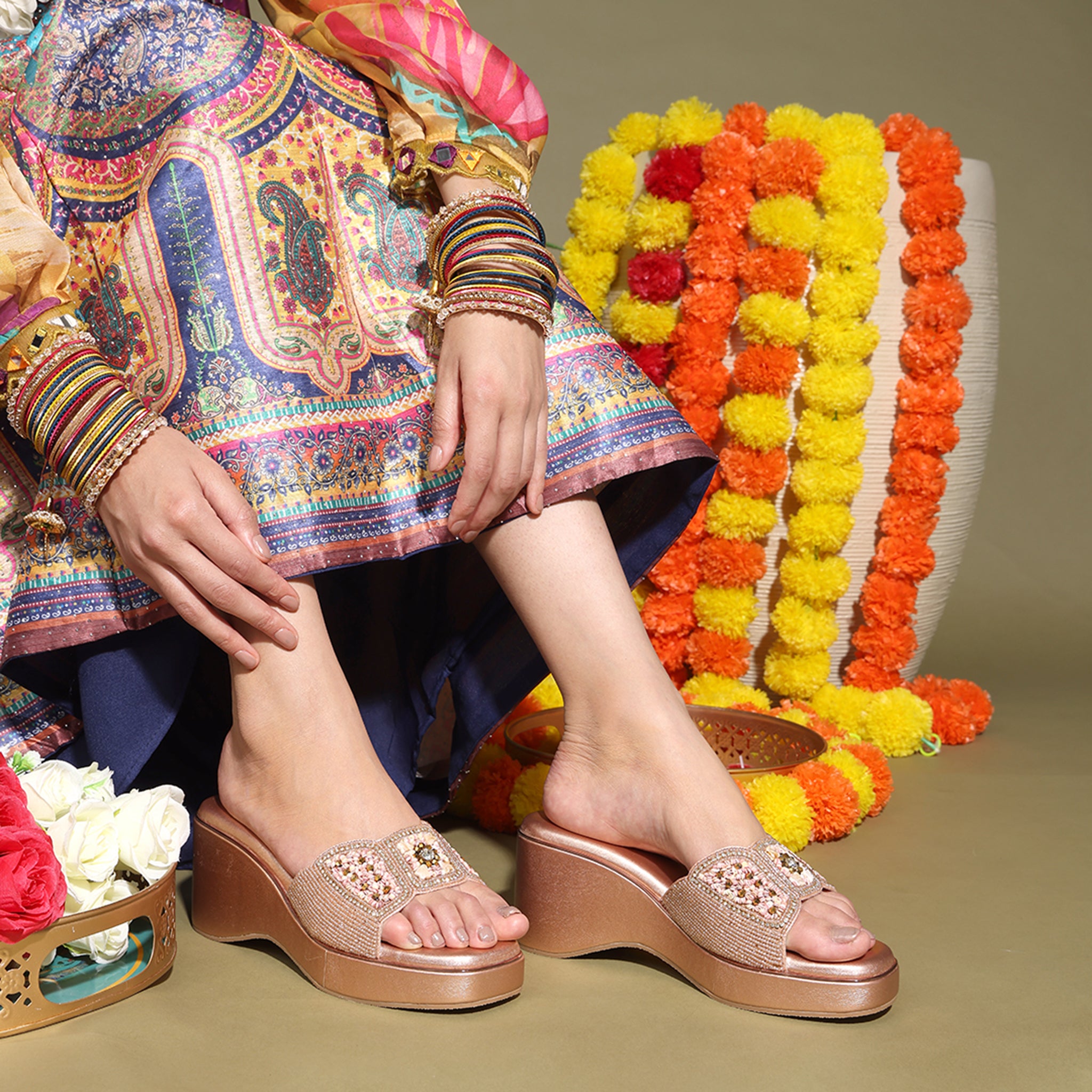 Rose-Gold Wedge Heel Sandals