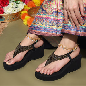 Stylish Black Wedge Heel Thong Sandals
