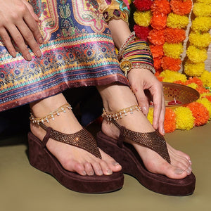 Burgundy Wedge Heel Thong Sandals