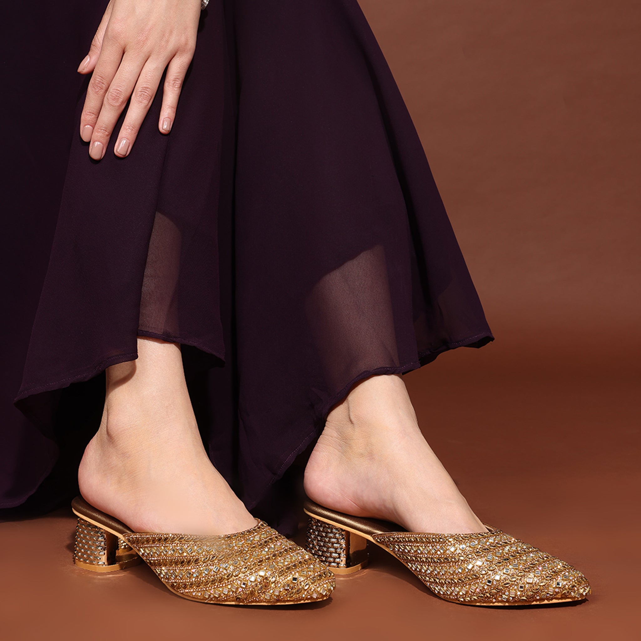 Bronze Innovative Cylinderical Heel Mules