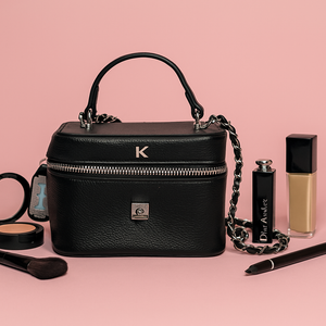 Black Textured Makeup Bag with Chain Strap