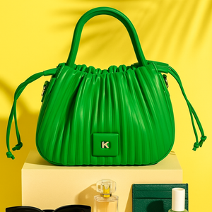 Green Pleated Handbag with Drawstring Detailing