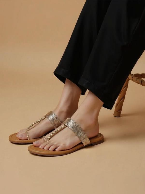 Kneetoes Women Sparkly Gold Braid One-Toe Sandals